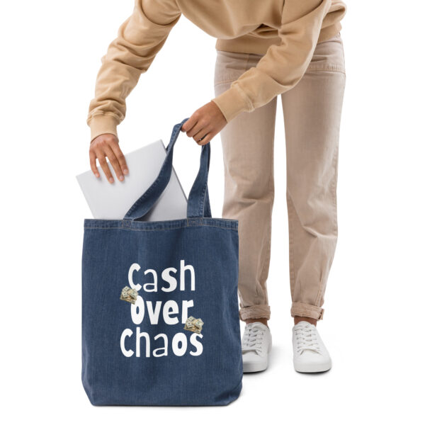“Cash Over Chaos” Denim Tote Bag – Minimalist Money Mindset Tote - Image 2