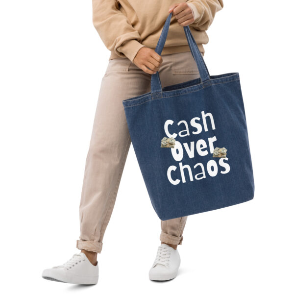 “Cash Over Chaos” Denim Tote Bag – Minimalist Money Mindset Tote - Image 3
