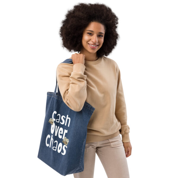 “Cash Over Chaos” Denim Tote Bag – Minimalist Money Mindset Tote - Image 11